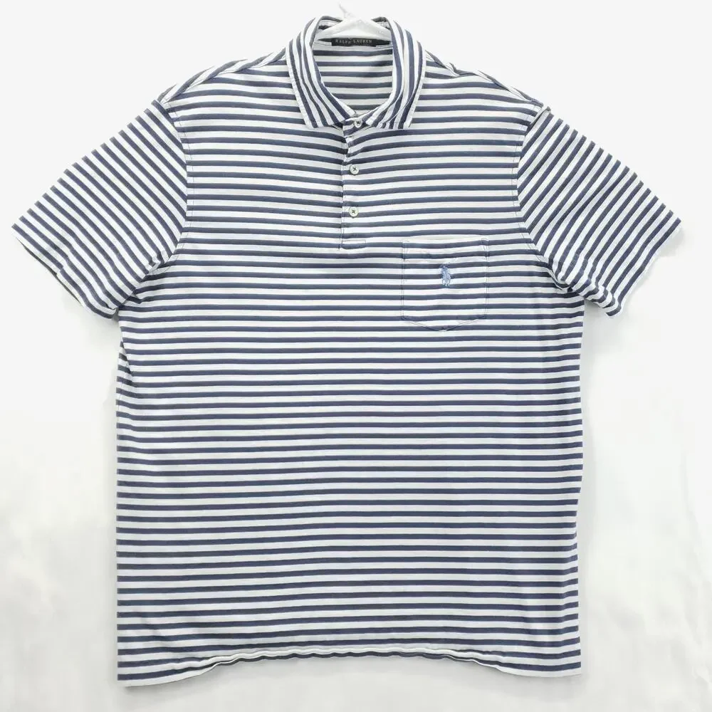 Polo Ralph Lauren Polo Shirt Mens Medium Blue White Cotton Striped Short Sleeve